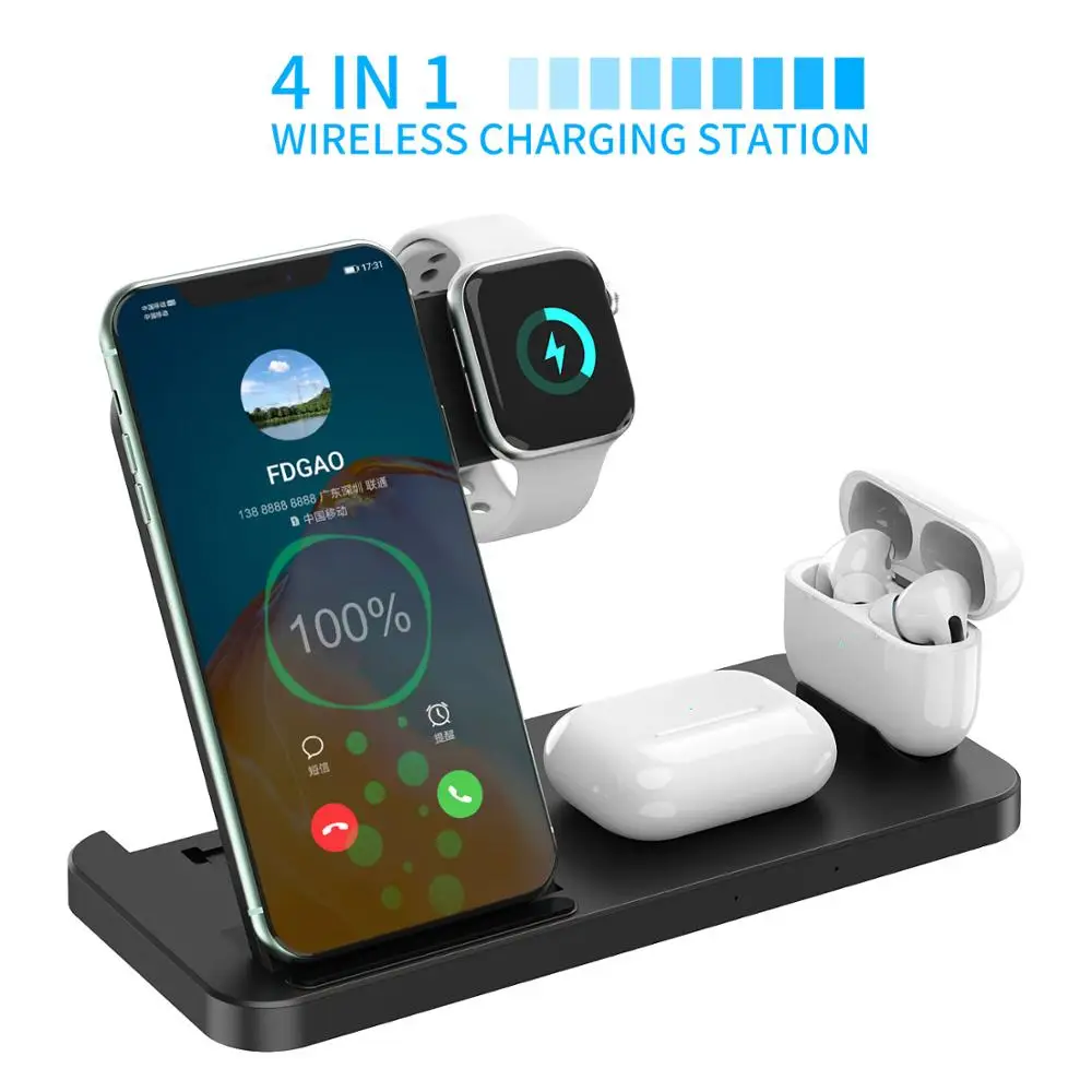 FDGAO-cargador inal&aacute;mbrico 4 en 1 de 15W, soporte de carga por inducci&oacute;n para iPhone 13, 12, 11, X, XS, XR, Airpods, Apple iWatch 6 SE-2