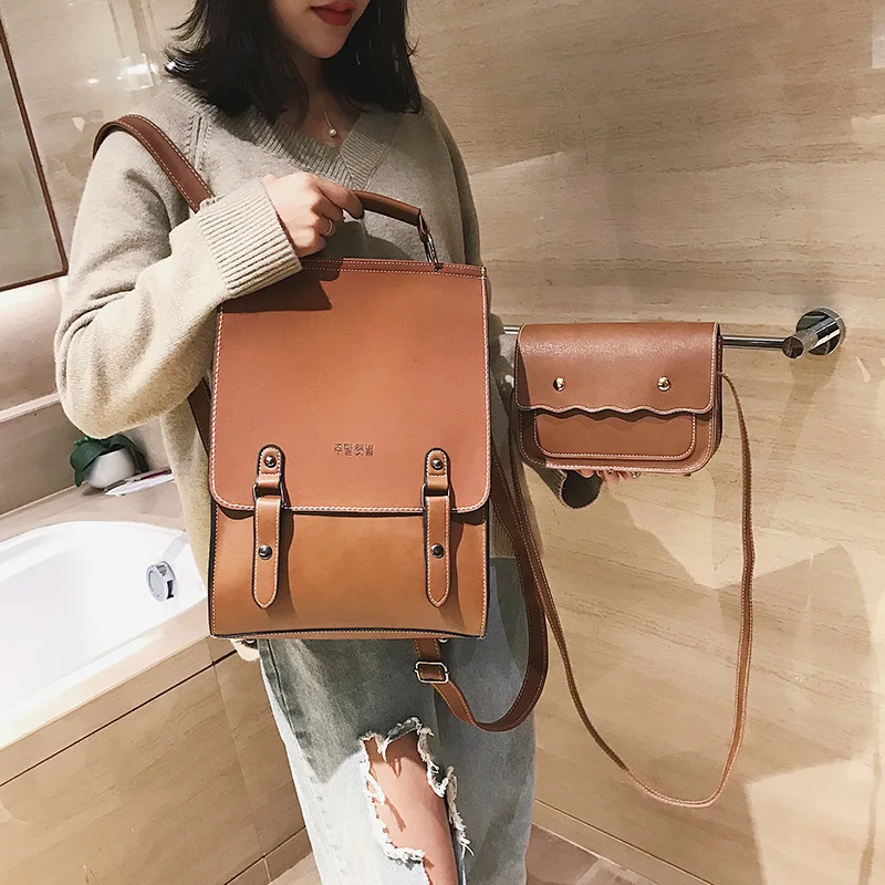 

Fashion Backpack Women 2pcs Set Backpacks PU Leather School Bag for Girls Casual Style A4 Paper Vintage Backpacks Shoulder Bags