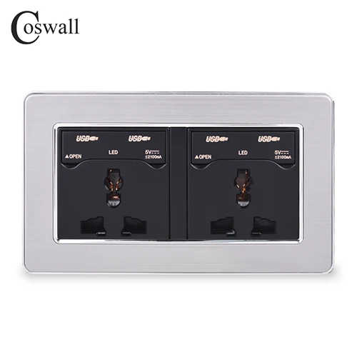 COSWALL 2 банды 13A универсальная настенная розетка+ 4 USB порта для зарядки с светодиодный индикатором панель из нержавеющей стали с пыленепроницаемой крышкой - Тип: Black