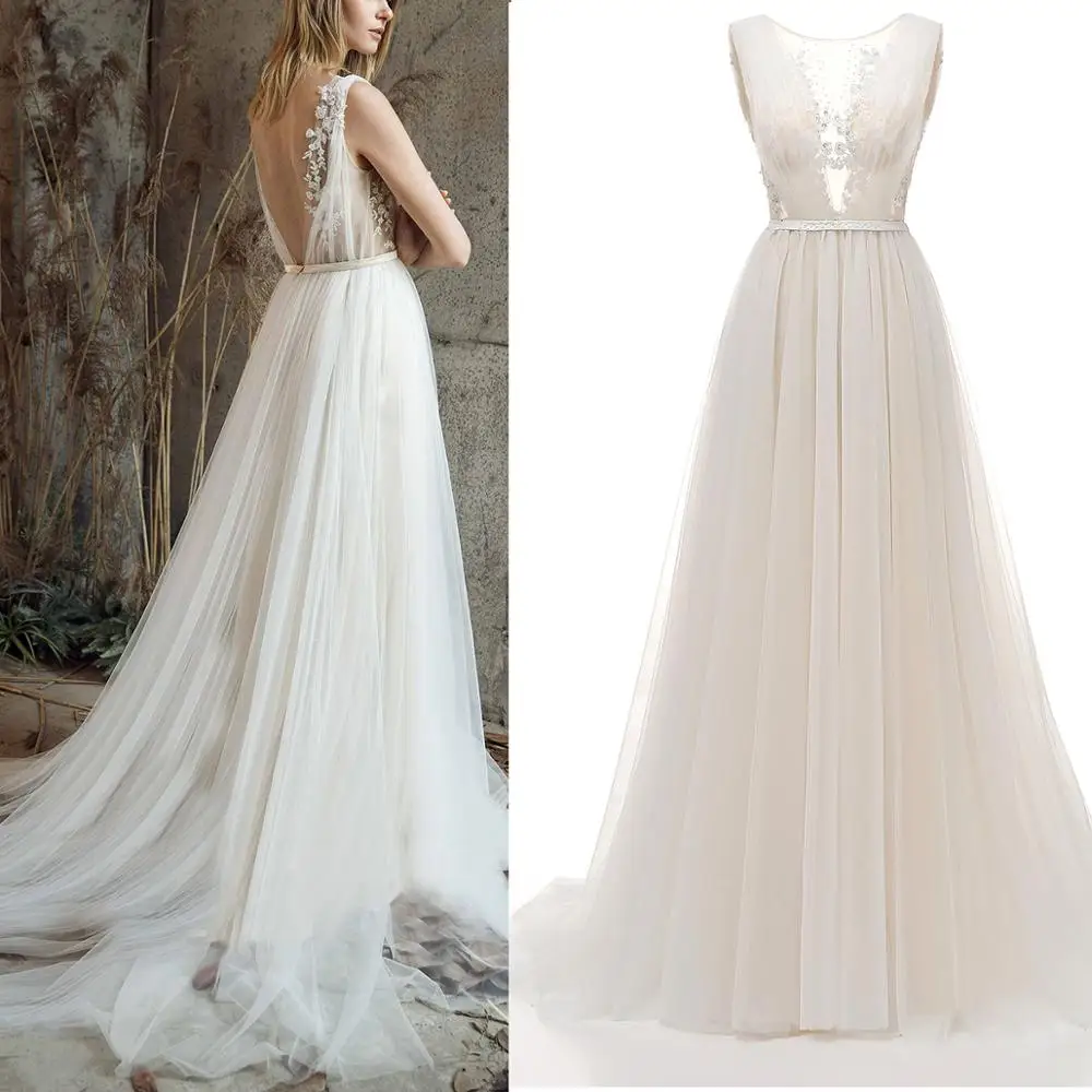 

Boho Appliqued Beads Wedding Dress Sleeveless A Line Beach Rustic Romantic V Neck Illusion Ruched Tulle Open Back Bridal Gown