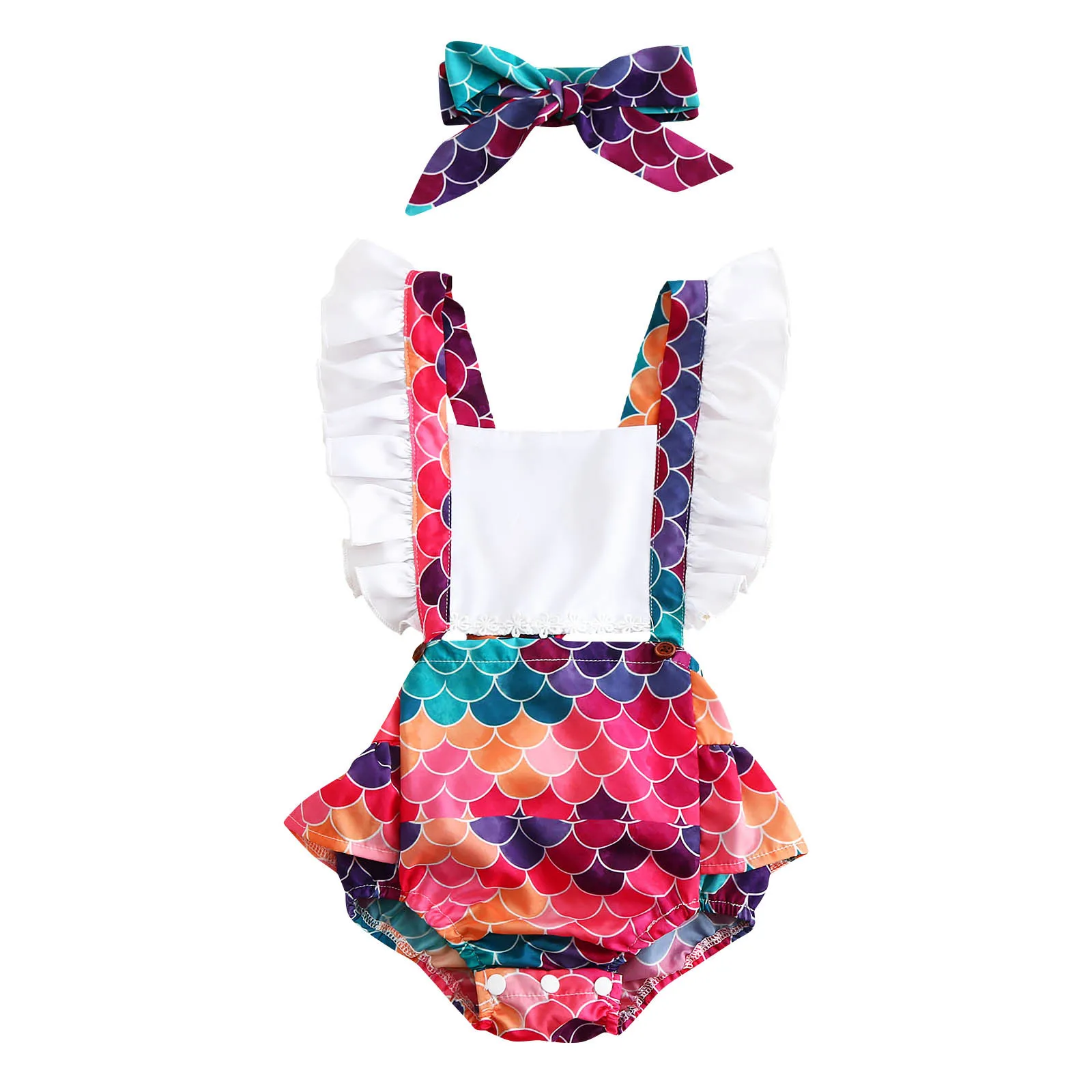 

Baby Clothes Flying Sleeve Romper Ruffles Ruched Fish Scales Sequins Summer Bodysuit Outfits Bowknot Headband Playsuit 2021