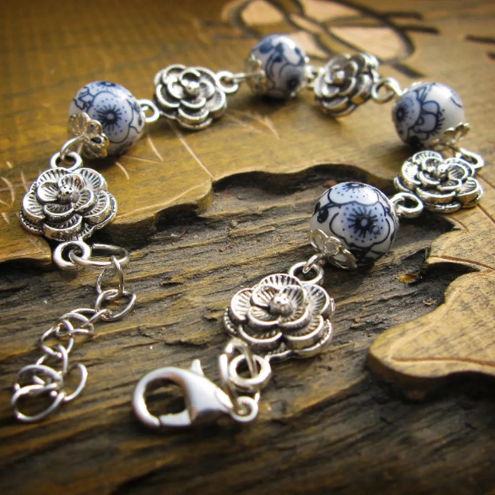 

National style ceramics beads Handmade ceramic Alloy Flowers bracelet SZ002