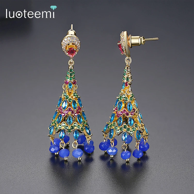

LUOTEEMI Retro Luxury Dangle Drop Earrings Colorful AAA CZ Inlaid Blue Beads Tassle Bridal Indian Women Fashion Jewelry Brincos