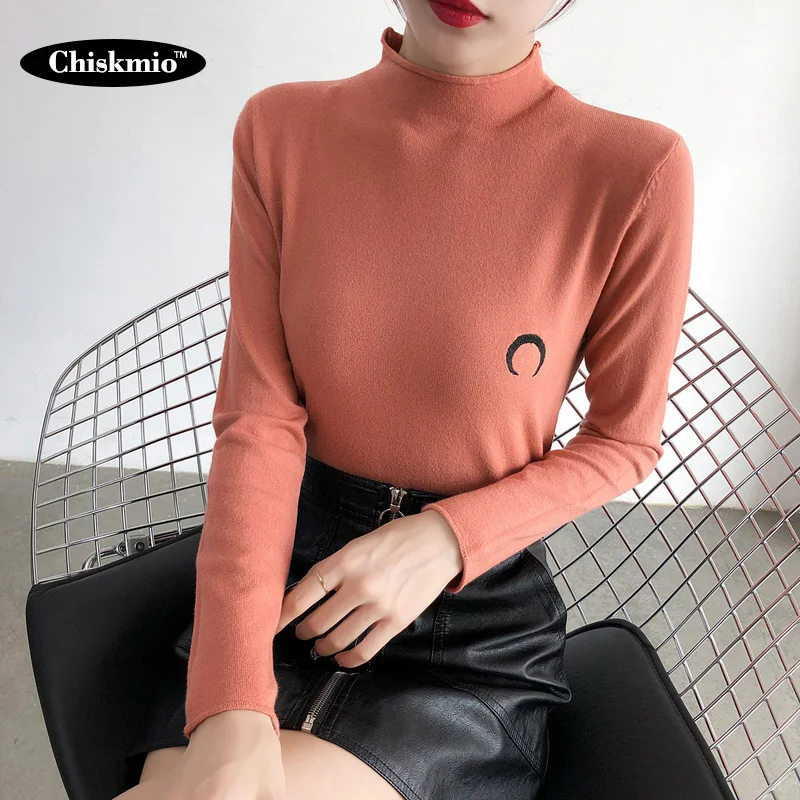 

Chiskmio Turtleneck Knitted Sweatshirt Women Solid Color Embroidery Long-Sleeved Pullover Slim Simple Women Sweatshirt