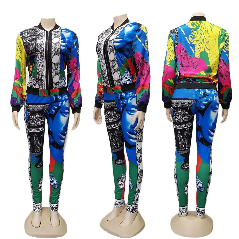 Yooneedi 2019 Novelty Fashion Design 2pcs Women Set Color Print O-neck Zip Full Sleeve Tops Long Pants Tracksuits YC1952 | Женская