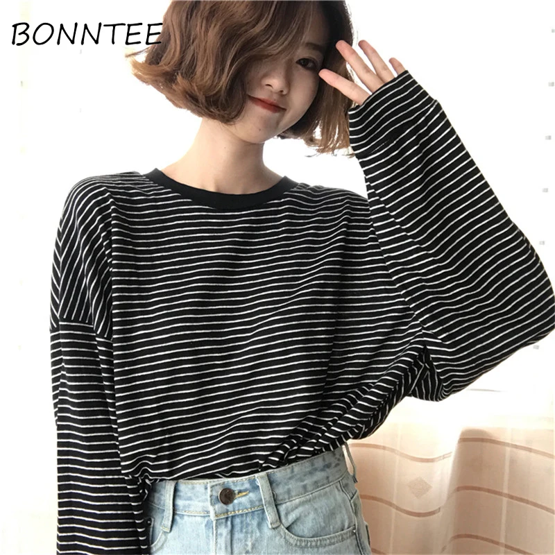 Футболки женские элегантные свободные с рукавом летучая мышь полосатые футболки