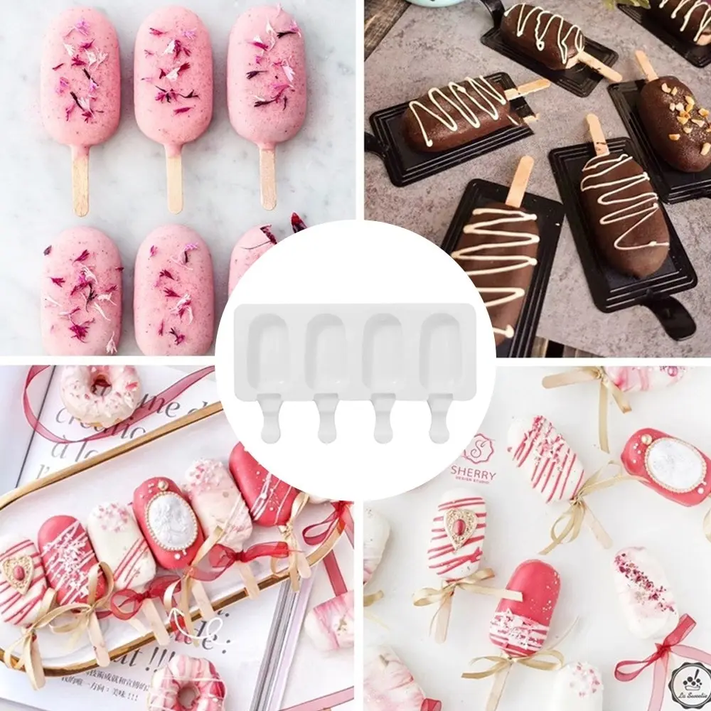 

4 Cell Big Size Silicone Ice Cream Mold Popsicle Molds DIY Homemade Dessert Freezer Fruit Juice Ice Pop Maker Mould with Sticks