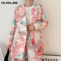 ouslee spring women fashion double breasted graffiti print blazers coat vintage long sleeve pockets female outerwear chic tops