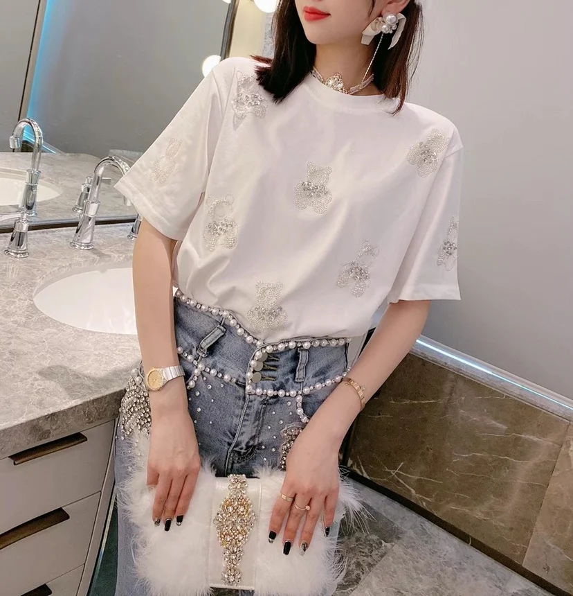

2021 Summer New Embroidered Flares Bear Women T Shirt White Short Sleeved T-shirt Women's Loose Round Neck Shirt Fashion