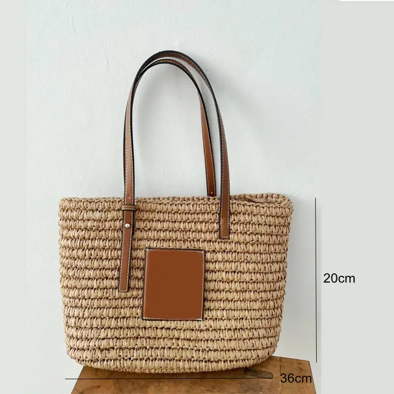 

New Fashion Bohemian Style Straw Woven Shoulder Bags PU Leather Splice Straw Woman Handbags Large Paper Rope Woven Ladies Bags