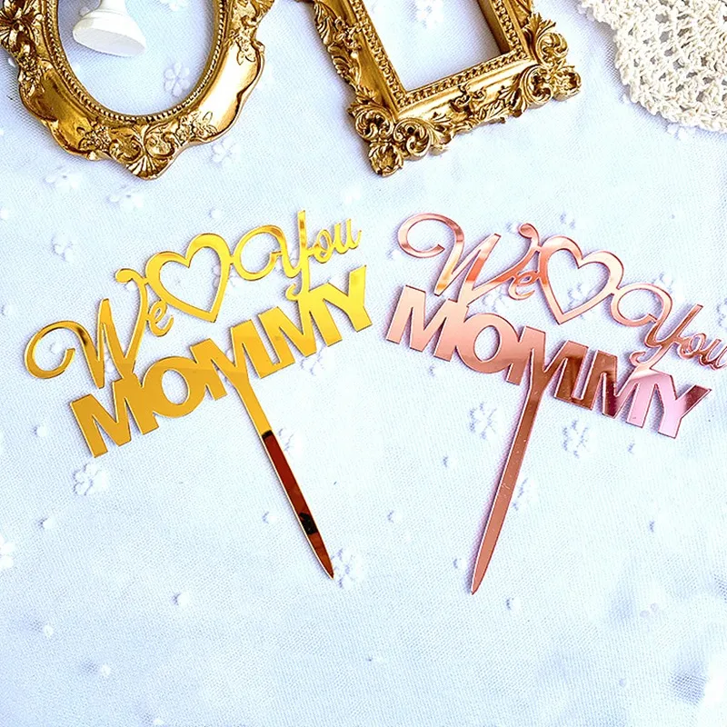 Топпер для торта акриловый розовое золото с надписью I love mom флажки на день матери