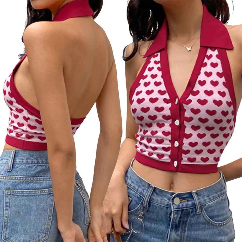 

2021 Summer Women's Heart Print Tank Tops, Sexy Button Front Lapel Sleeveless Knitted Crop Tops Camisetas Mujer