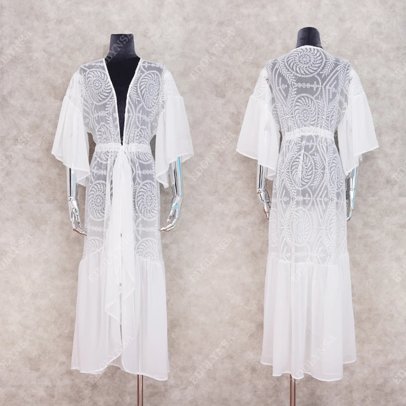 

2021 New Bikini Cover-ups Sexy Belted Summer Dress White Lace Cotton Tunic Women Plus Size Beach Wear Swim Suit Cover Up Q1049