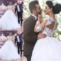 arabic dubai wedding dresses sheer long sleeve lace appliques tulle white bridal gowns customized cheap vintage wedding dress