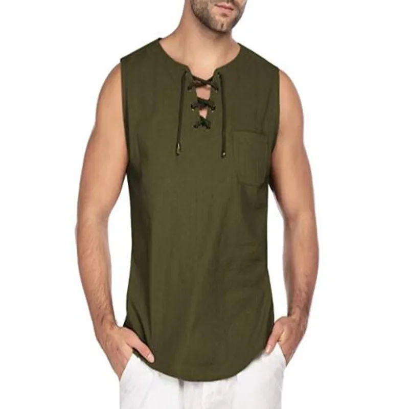 

New men's sleeveless shirt with fashionable navy blue cotton and linen short sleeve shirt