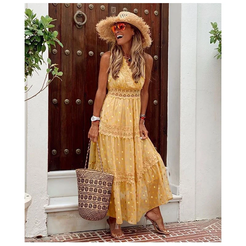 

2021 plus size women's summer new women's sexy beach style deep V sleeveless waist chiffon lace dress stitching midi skirt femal