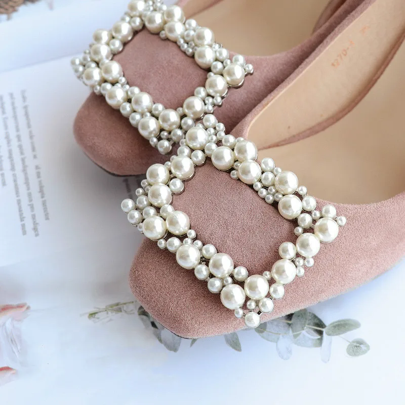 Обувь женские слипоны с жемчугом на высоком квадратном каблуке элегантные