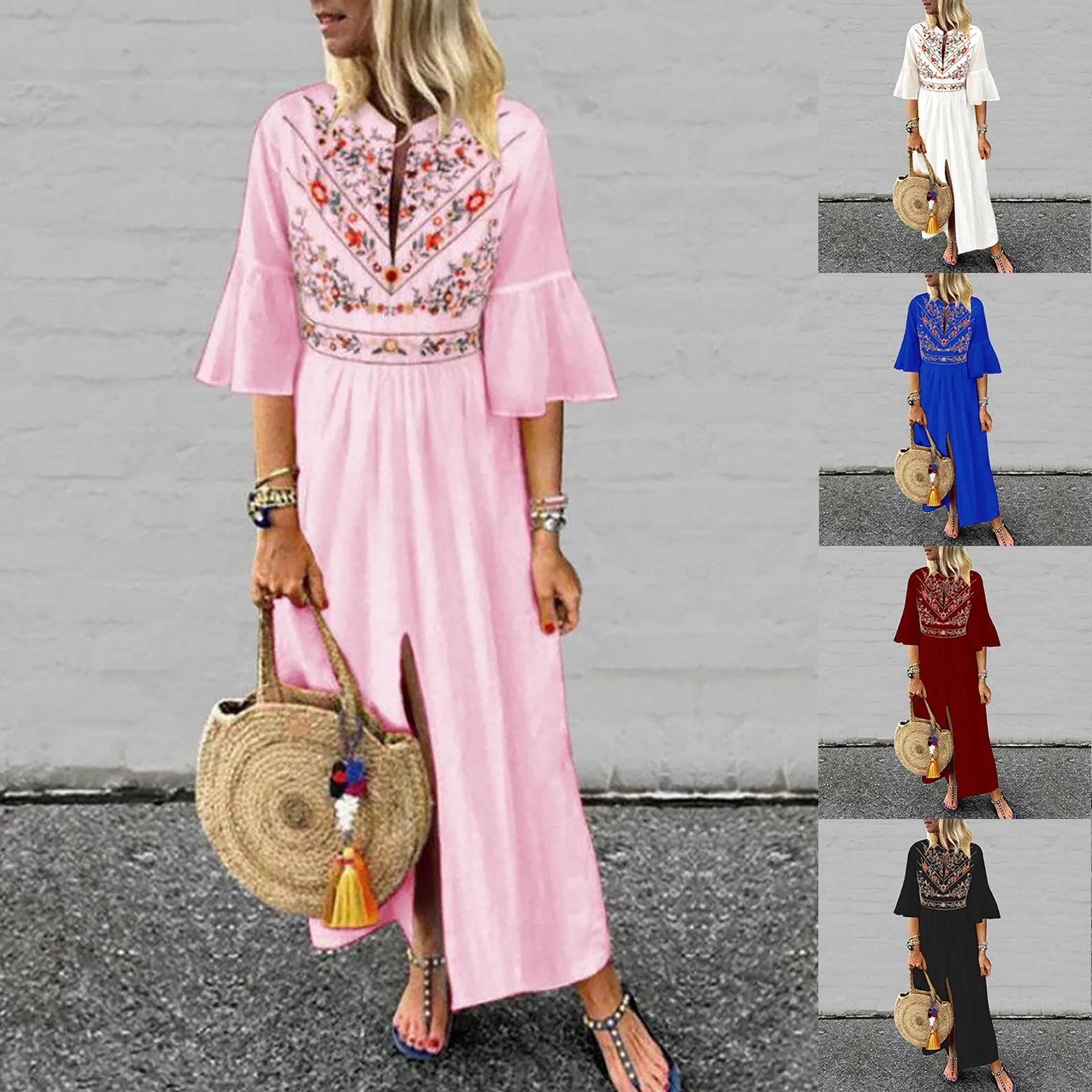 

Fashion Womens Retro Printing V-Neck Short Sleeve Comfy Casual Dress