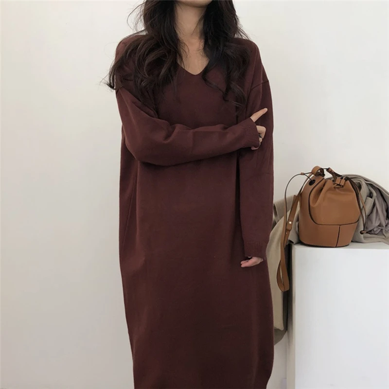 

Women Casual V-neck Loose Long Sweater Dress Female Full Sleeve Basic Vestidos Autumn Winter Thick Knitting Jumper Femme