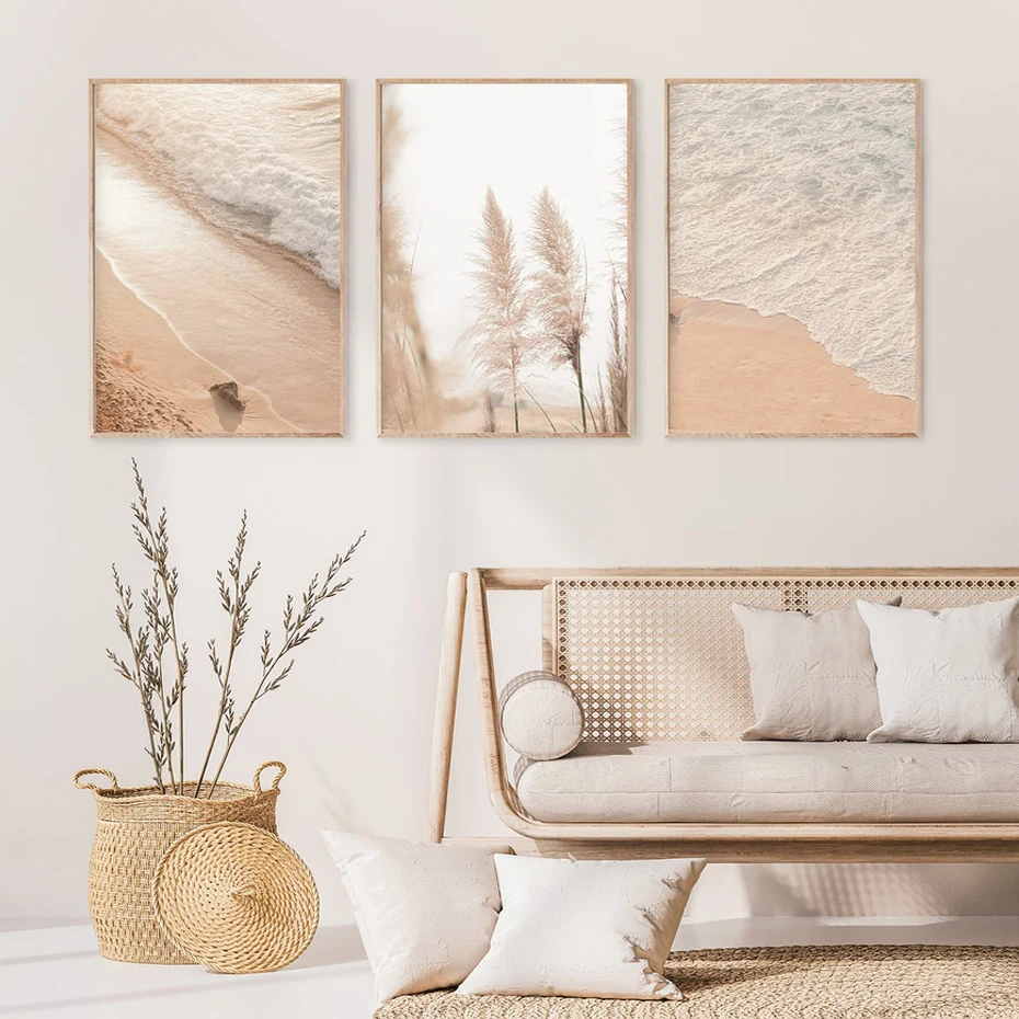 

Bohemia Pampas Grass Coastal Wall Art Print Warm Boho Style Pink Beach Wave CanvasPrints for Bedroom Home Decor Painting Poster