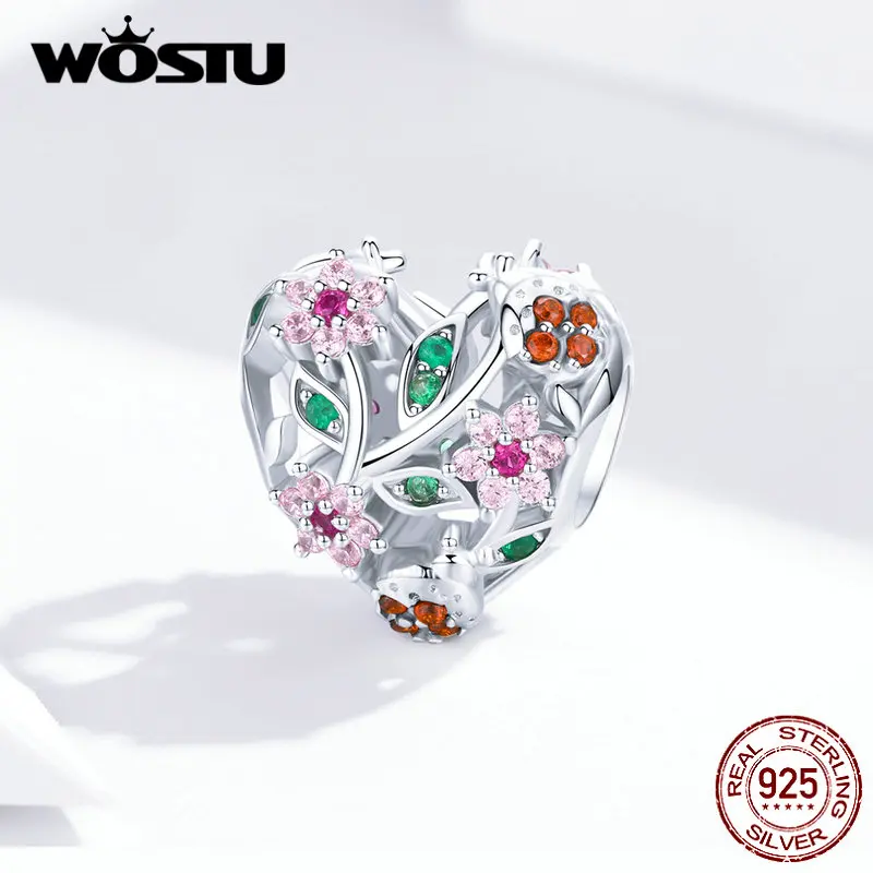 WOSTU 925 пробы серебряные божьи коровки и цветы СЕРДЦЕ бусины розовый Циркон Шарм Подходит браслет ожерелье ювелирные изделия CTC117