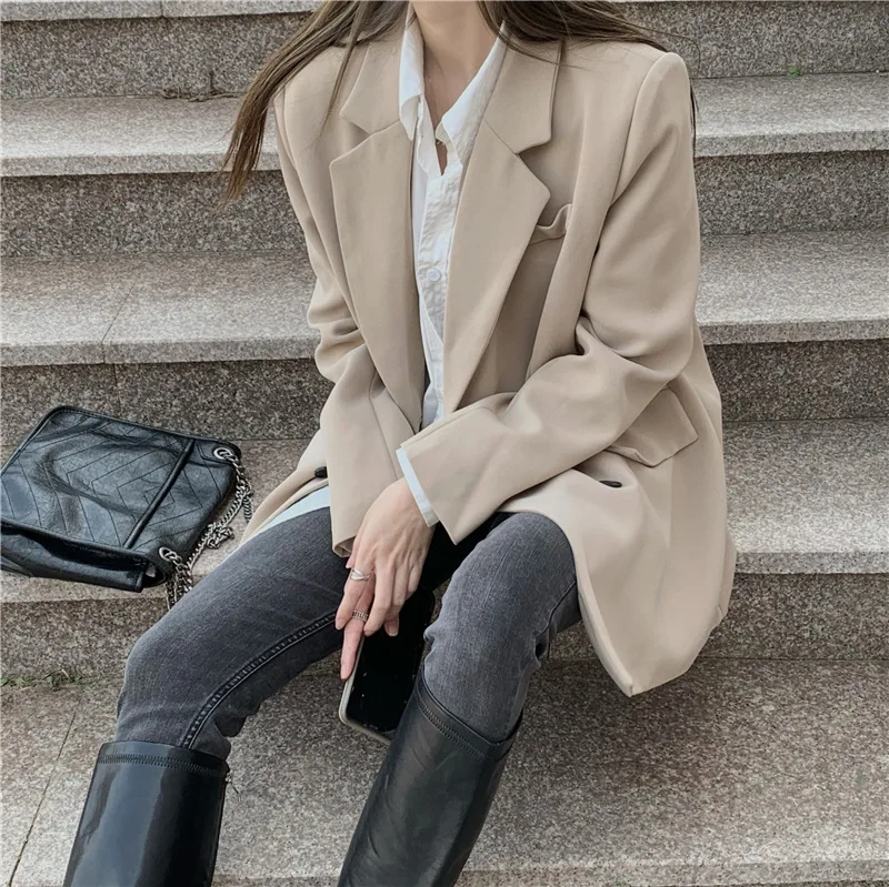 

Vintage Double Breasted Women Blazer 2021 Spring Notched Collar Loose Female Suit Jackets Ladies Casual Outwear Tops