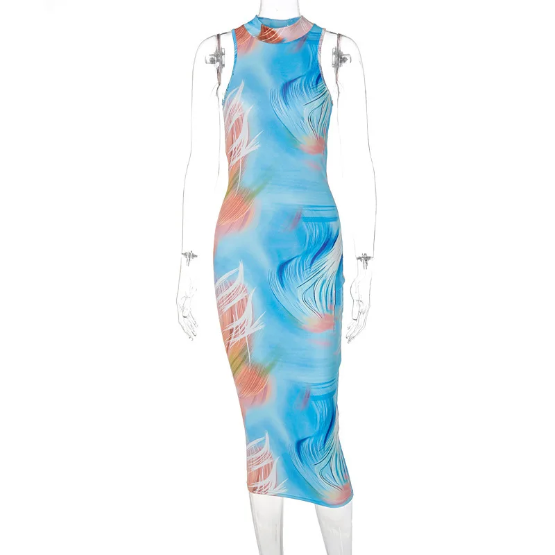 

Fashionsta Sexy Print Dress Backless Midi Dress Summer Casual Hollow Out Dress Turtleneck Party Club Bodycon Women Vestidos Hot