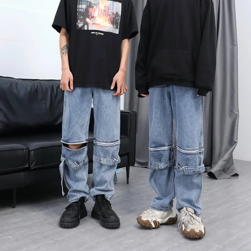 

Detachable Zipped Jeans Men Hip Hop Denim Pants Punk Rock Jeans Couple Streetwear Straight Trouesters
