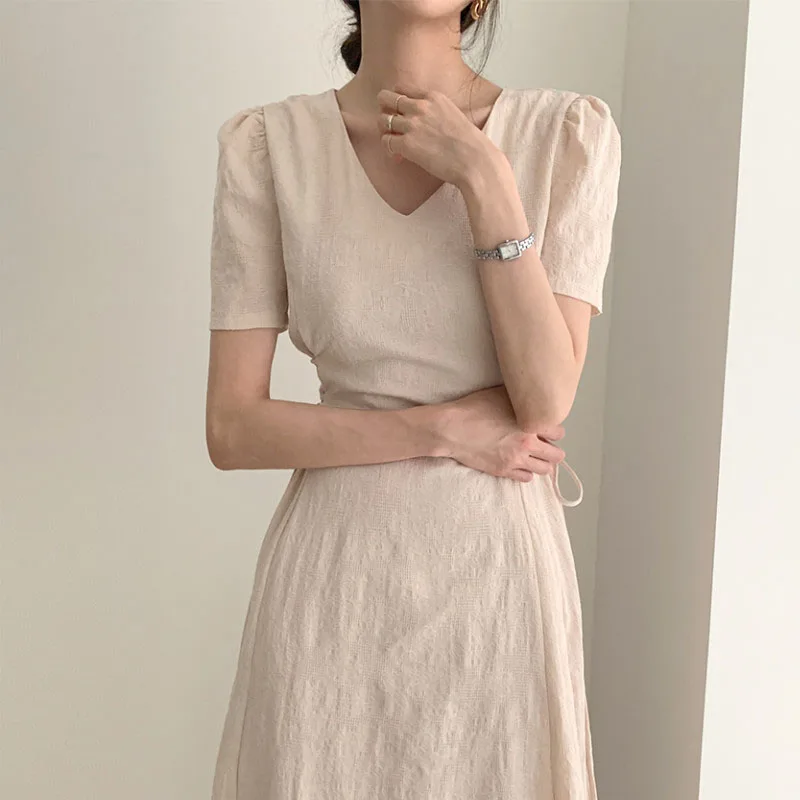 

Office Lady Long Korean Dresses Cotton Linen Dress 2020 Summer Vintage Loose Women Dress Elegant V-Neck Slim Waist Dress