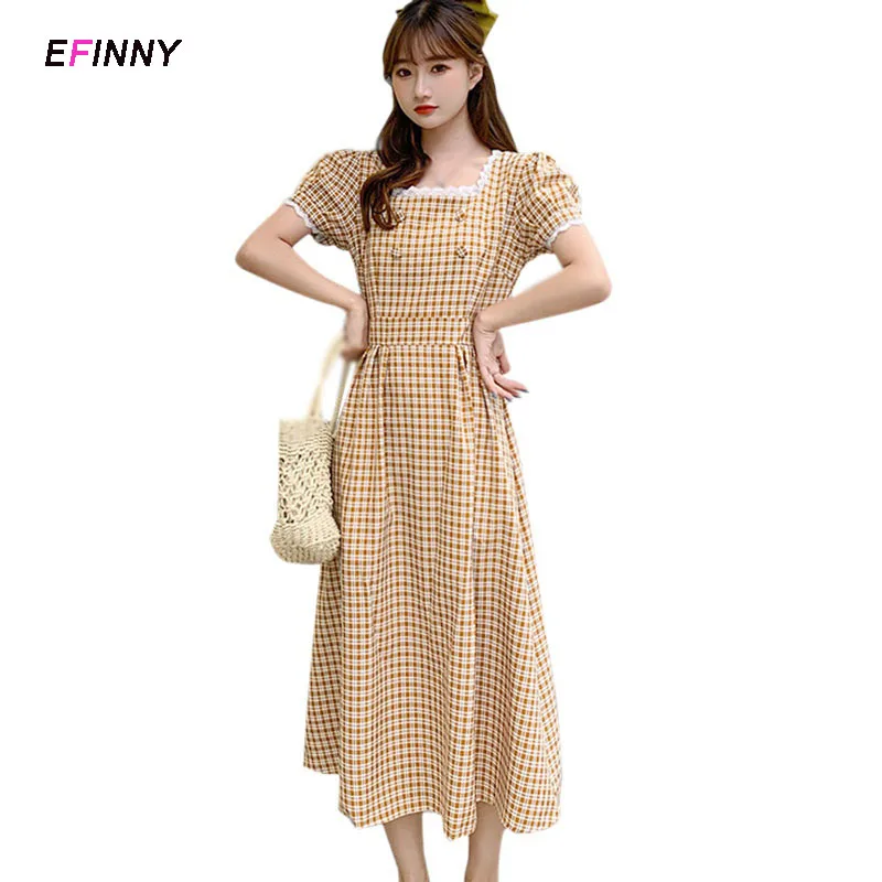 

Plaid Dress For Women Vintage Summer Short Sleeve Square Neck Dresses Female Party Dress Fashion Women Clothing Ladies'clothes