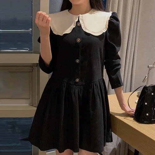 

Doll Collar Wooden Ear Patchwork Dress Women High Waist Hip A Line Vestido Pullover Long Sleeve Slim Robe Spring 2021 New