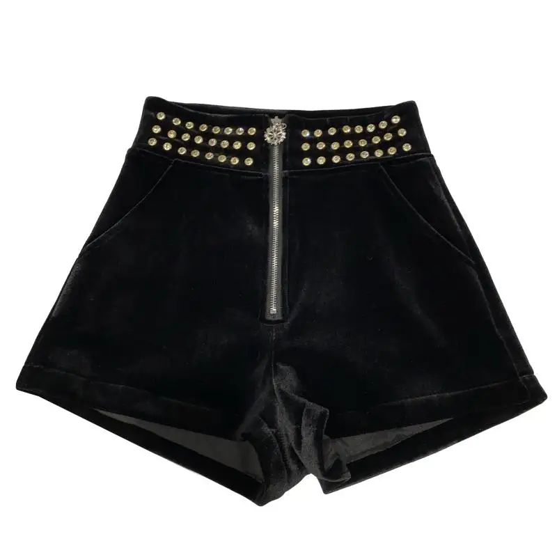 

2020 Winter New Rivets Rhinestone Women Gold Velvet Shorts High Waist Black Short Sexy Shorts Office Lady Shorts