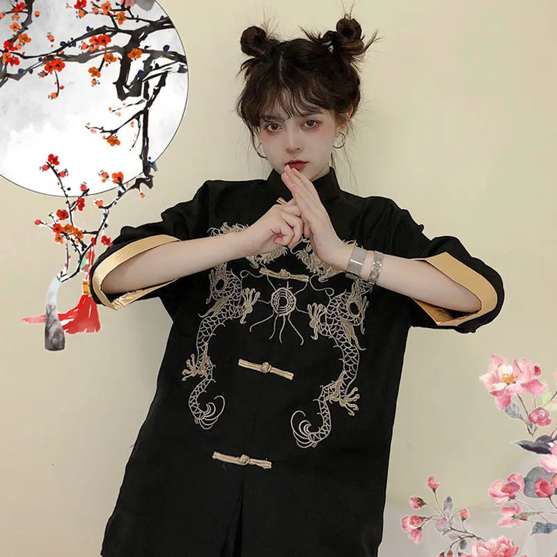 Традиционные китайские куртки ханьфу Чонсам топ с вышивкой дракона Женская