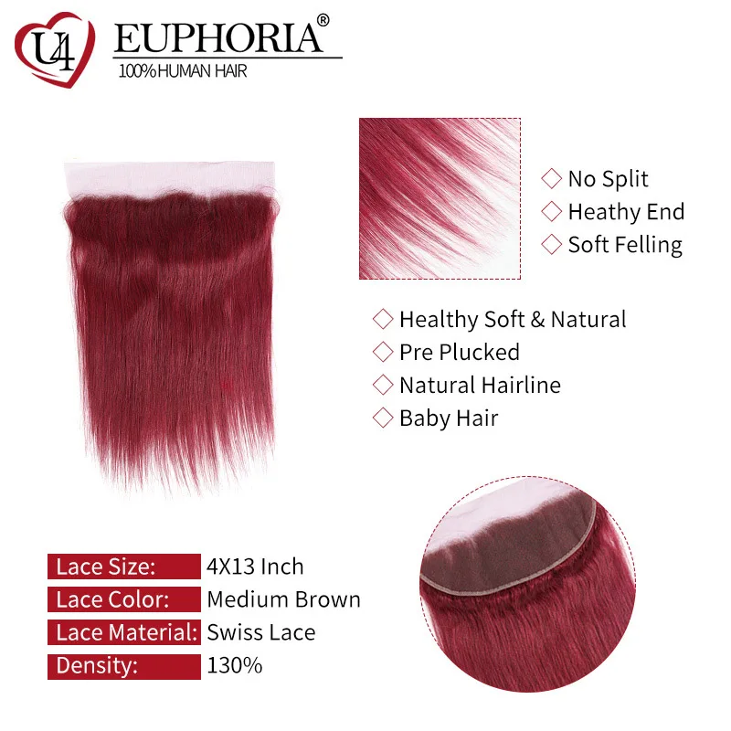 Прямые пряди волос с фронтальным кружевом 13x4 красный бордовый 99J бразильские Remy