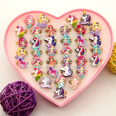 36pcs Новое Детское кольцо с героями мультфильмов вечерние подарки для девочек, черное кольцо Единорог русалки из сплава, любимое кольцо для девочек, коробка из 36 штук - Цвет: 36pcs