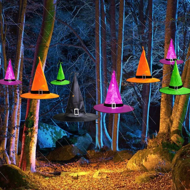 

8Pcs Halloween Decorations Led Lighted Witch Hats Hanging Glowing with Lights for Outdoor, Yard, Garden, Tree 2