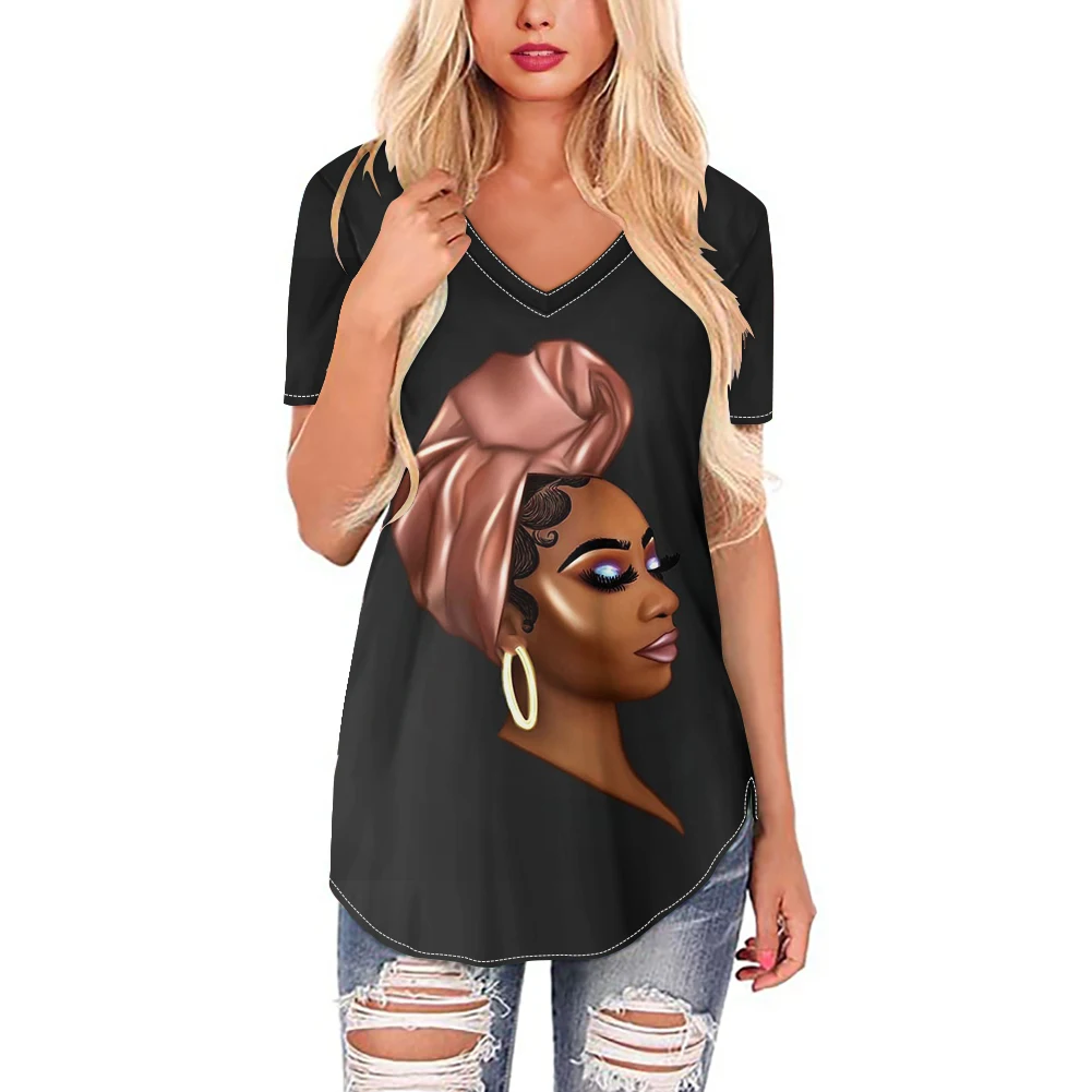 

Spring Summer Women T-shirt Black African Women Print V-Neck Short Sleeve Female Tee Slim Tshirt Tops Camisetas Verano