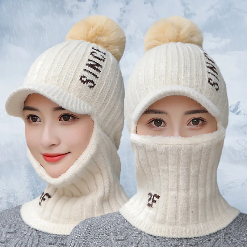 New Women Letter Winter Hat Keep Neck Warmer Hat Set Thick Beanie Hat Casual Winter Hats For Women Add Fur Lining Warm Knitted H