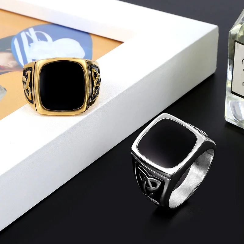 Мужское Винтажное кольцо из нержавеющей стали черное обручальное с крупным