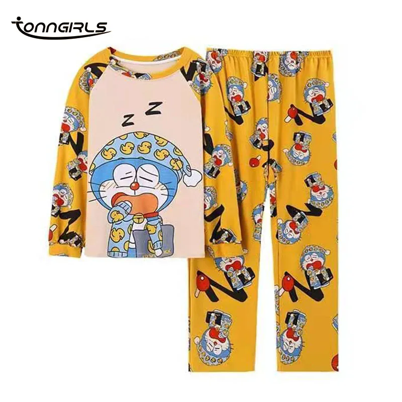 

Tonngirls Cotton Sleepwear Round Neck Cartoon Pajama Home Suit Pijama Set Long Sleeves Warm Nightwear Cute Doraemon Pyjamas 2021