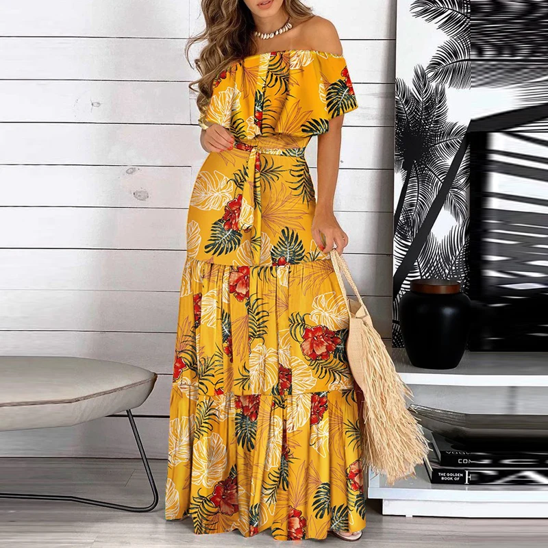 

Sexy Slash Neck Butterfly Print Women Maxi Dress Elegant Casual Short Sleeve Ruffle Dress Lady Fashion Backless Party Dress Belt