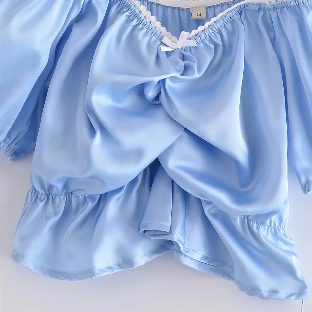 

2021 ZA bowknot shirt women's summer new square collar shoulder bubble sleeve close-fitting short suspenders T-shirt