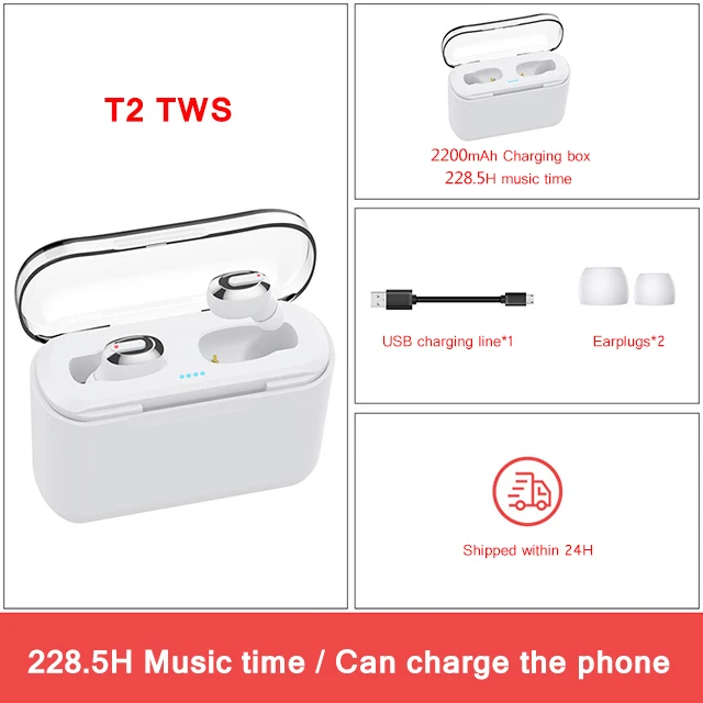 Белый Беспроводные наушники стерео bluetooth наушники T2 TWS Bass Surround auriculares bluetooth inalambrico 2200 мАч музыка fone de ouvido - Цвет: Белый