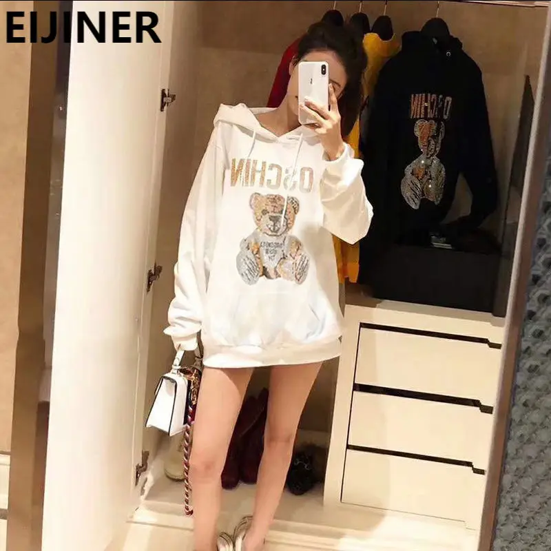

Crystal Cartoon Graphic Hoodies Oversized Sweatshirt Women Korean Hot Diamond Letter Printing Bear Harajuku Kawaii Streetwear