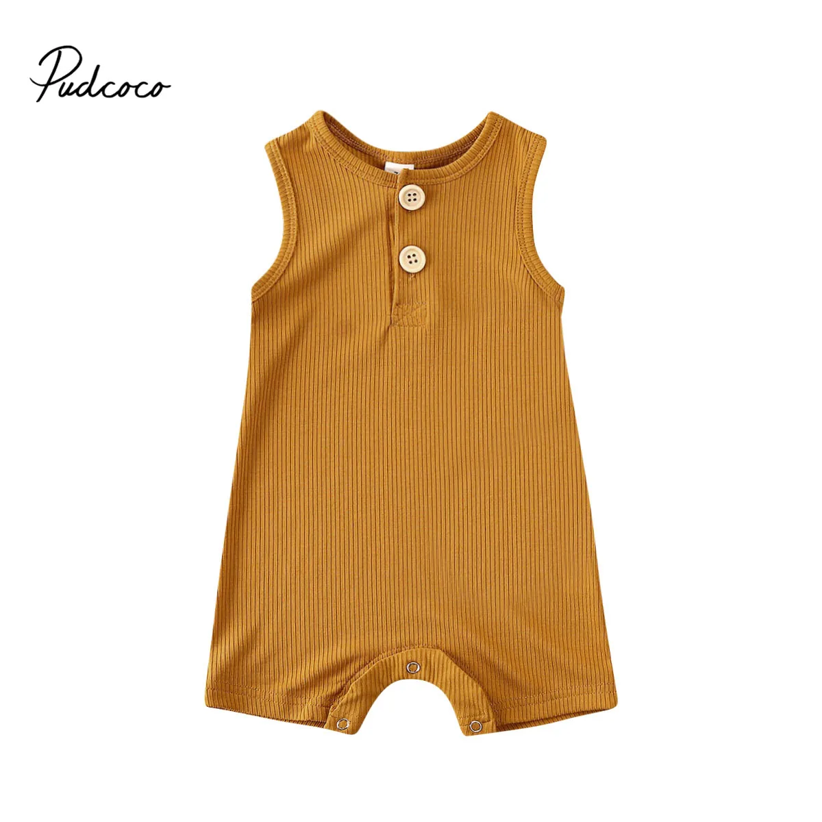 

2020 Baby Summer Clothing Cotton Infant Romper Kids Baby Boy Girl Clothes Sleeveless Solid Single Breasted Casual Jumpsuit 0-18M