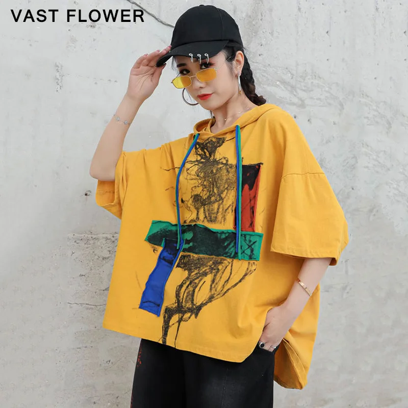 

Print Pattern T-Shirt Women Hooded Short Sleeve Drawstring Loose Casual T Shirt Femme Tops Fashion Clothes Summer 2021