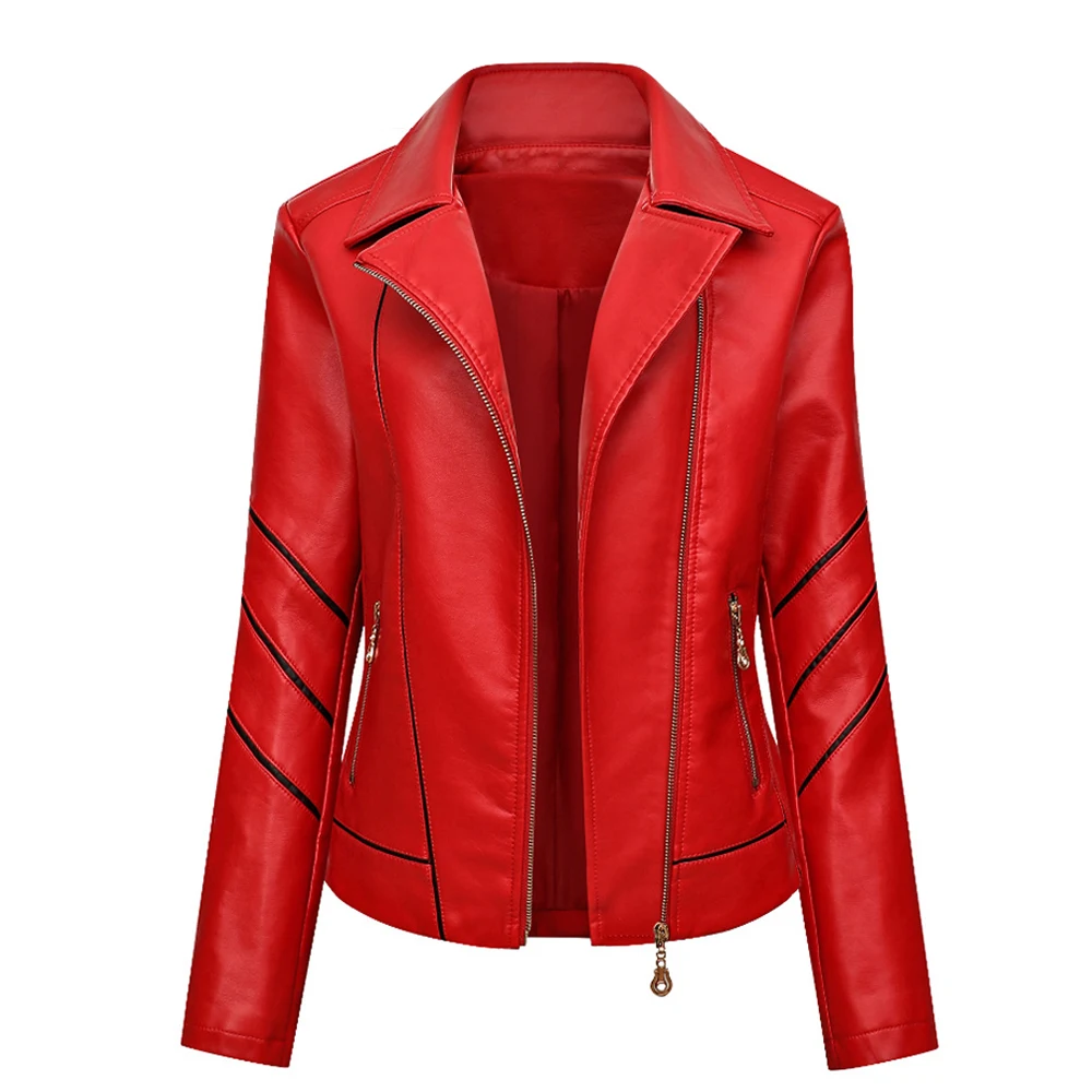 Elegant Women Zipper Up Leather Solid Color Jackets Turn Down Collar Long Sleeve Coats Spring Autumn Casual Slim Fit Outwear