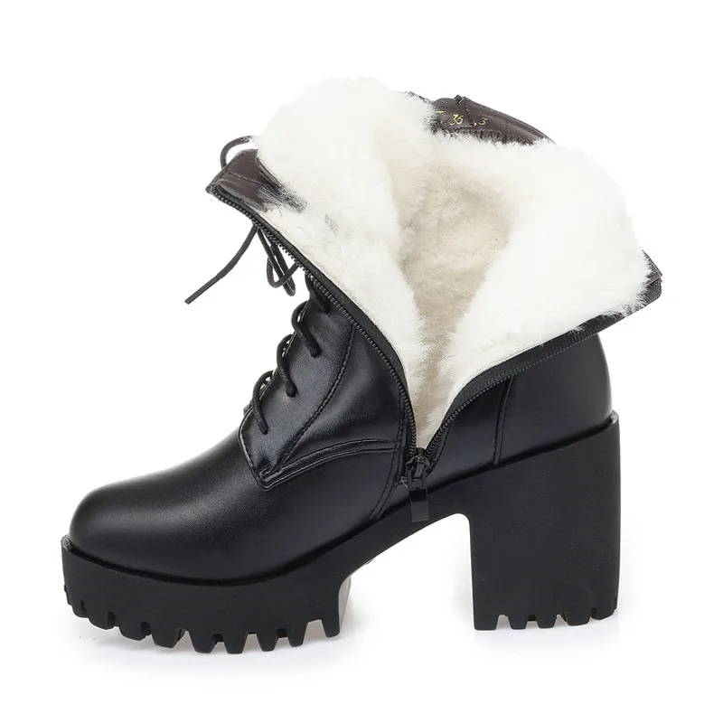 black sheep wool MoonMeek/Большие размеры 34-42; модные зимние ботинки из натуральной кожи; женские ботильоны на шнуровке; теплые зимние ботинки из овечьей шерсти на молнии - Цвет: black sheep wool