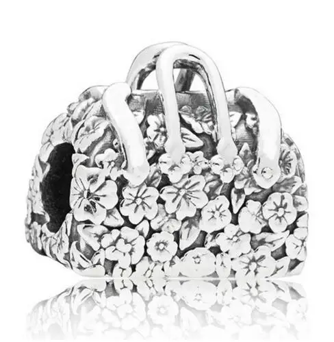 

Genuine 925 Sterling Silver Bead Charm Vintage Mary Poppins Bag With Flower Beads Fit Women Pan Bracelet Bangle Necklace Di