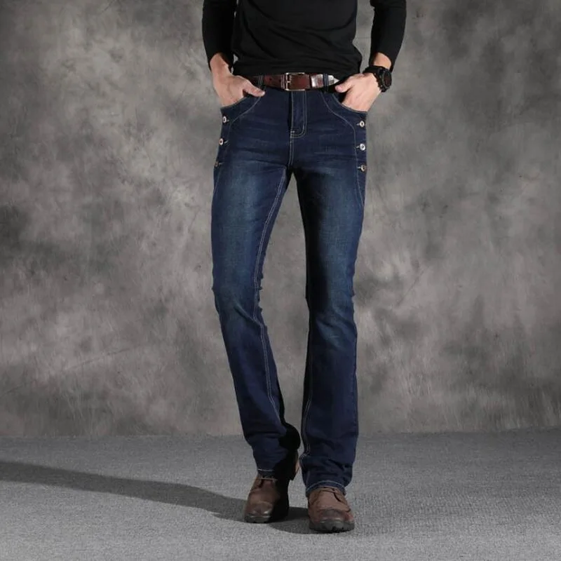Men Jeans Small Flared Jeans Stretch Slim Male Flared Denim Pants Side Button Decoration Jeans